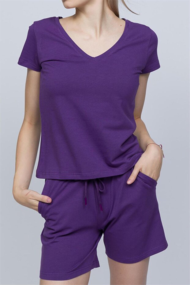 Kadın Mor V Yaka T-shirt - 1