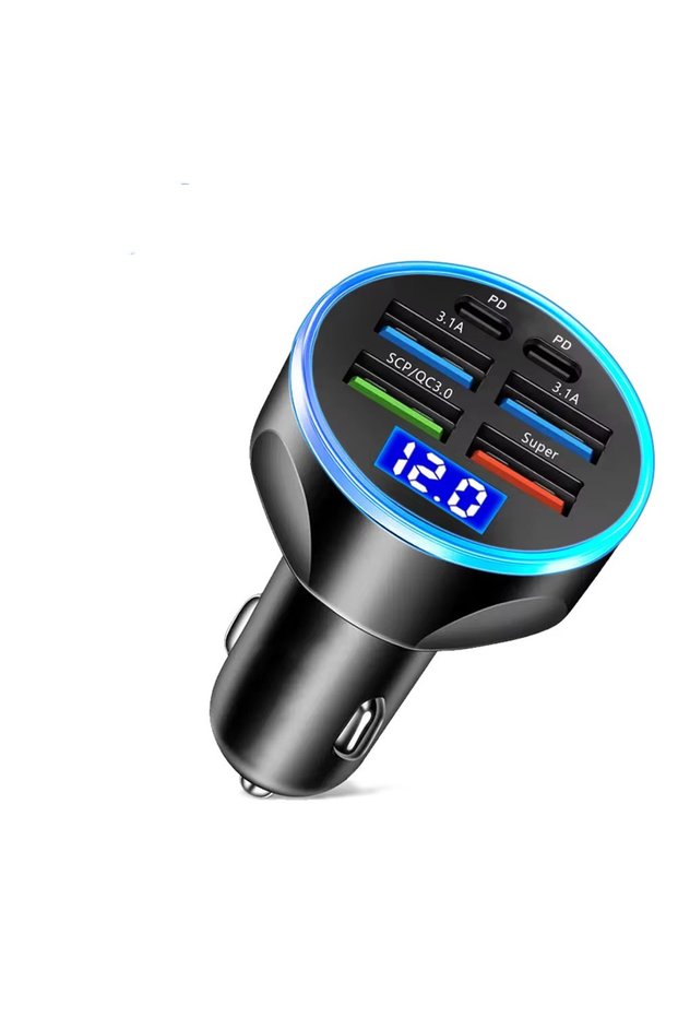Black Car Charger 6 in 1 USB C Car Phone Charger Adapter with Voltage Display Dual PD Super Fast for