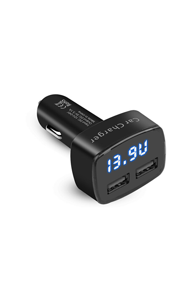 شاحن سيارة 4 في 1، هيكل أسود وشاشة LCD زرقاء، شحن سريع 3.1 أمبير، منفذي USB، شاشة LCD لعرض درجة الحرارة/الفولتية