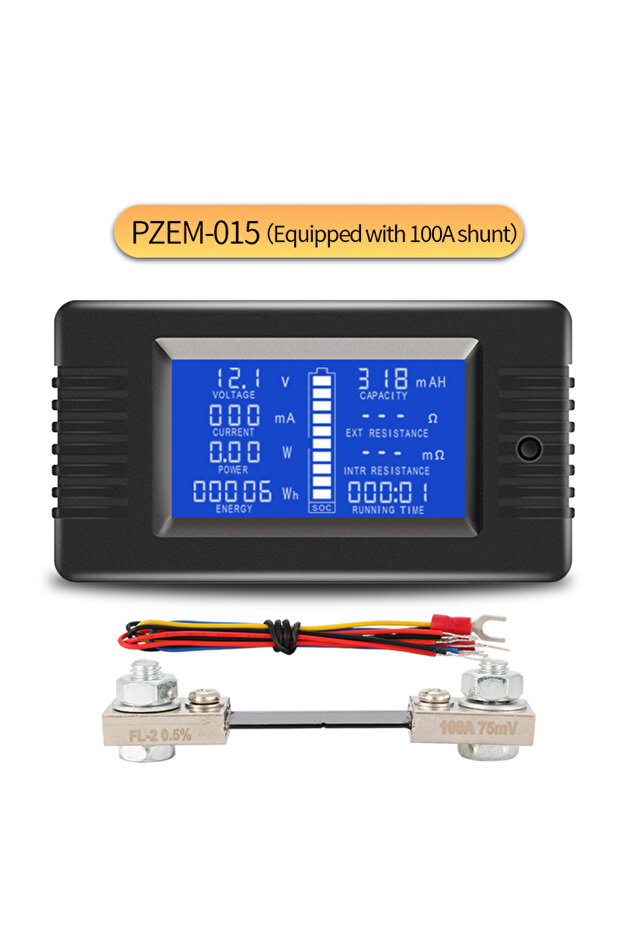 جهاز اختبار البطاريات الرقمي PZEM-015 بقدرة 100 أمبير مع مقاومة تحويل، يدعم قياسات الأمبير والفولتميتر وسعة الطاقة.