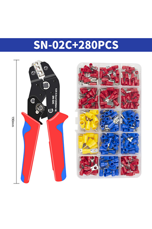 أداة تجعيد يدوية SN-02C، 280 قطعة، قابلة للتعديل من 0.25 إلى 2.5 مم²، كماشة تجعيد بسقاطة، 280 قطعة من أطراف الكابلات