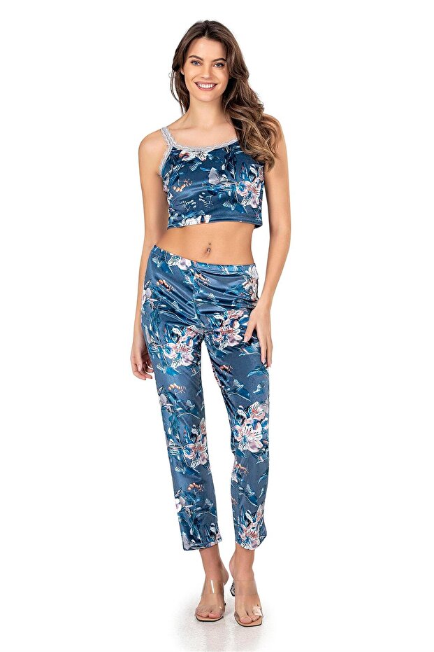 Women's Indigo Velvet Long Bottoms
