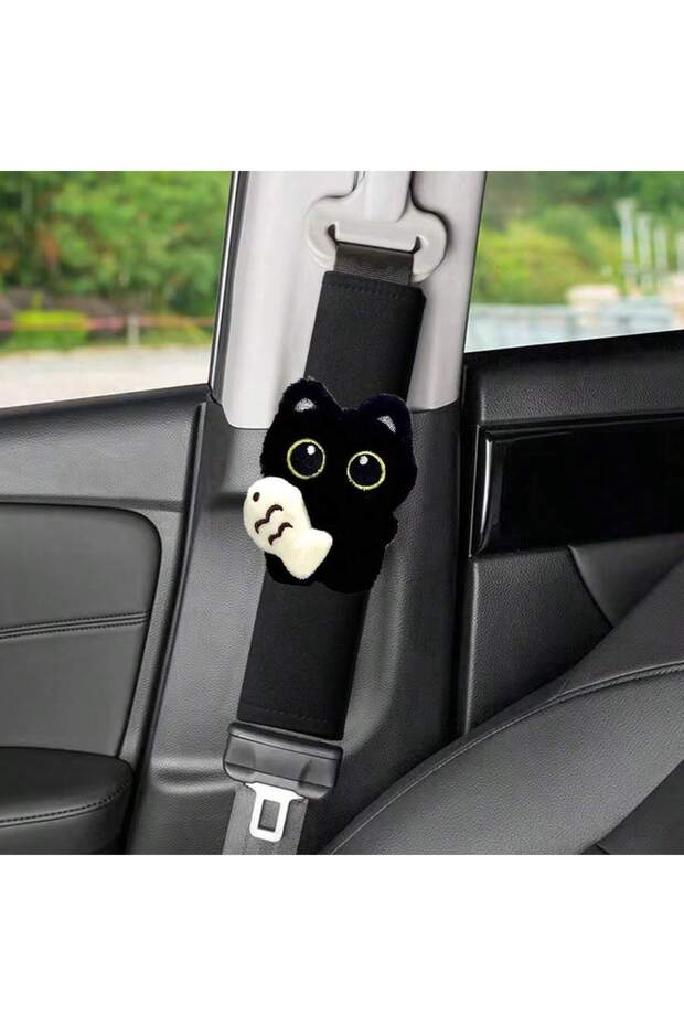 1pc 1PC Black Cat & Fish Decor Car Shoulder Pad Cover Fashionable Elegant Design Comfort Enhancer Fi