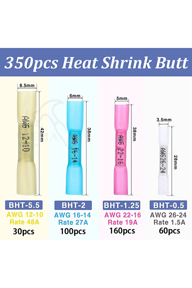 350pcs 80/130/220/350PCS/Box Waterproof Seal Heat Shrink Butt Connectors Electrical Wire Splice Cabl