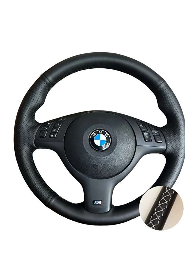 غطاء عجلة قيادة سيارة مصنوع يدويًا من جلد المايكروفايبر، بخيط أبيض، مناسب لسيارات BMW E46 E39 330i 5