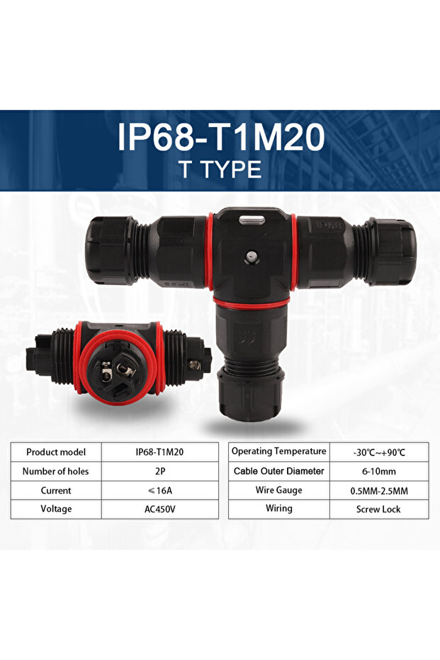 1 PCS T1M20-2P(6-10mm) IP68 M20/M25 Waterproof Connector I/Y/T Shape LED Lighting Outdoor Sealed Wir