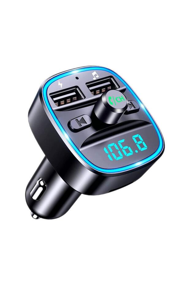 محول سيارة واحد بتقنية بلوتوث 5.0، منفذي USB للشحن، مكالمات بدون استخدام اليدين، ضوء LED أزرق، شحن سريع