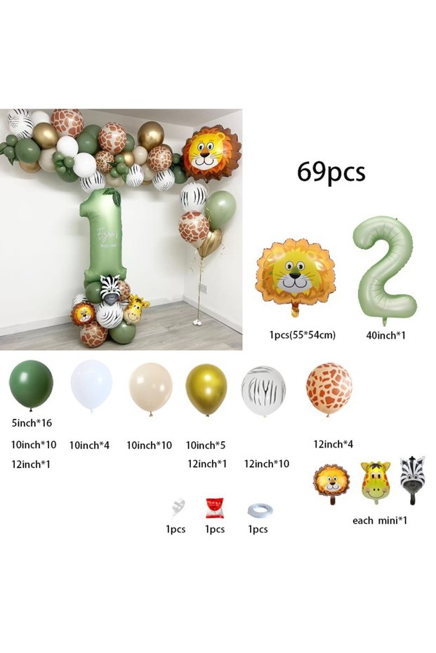 Other 25120206-2 Jungle-Animal Birthday Balloons with Sage-Green Numbers – Baby Shower Favors