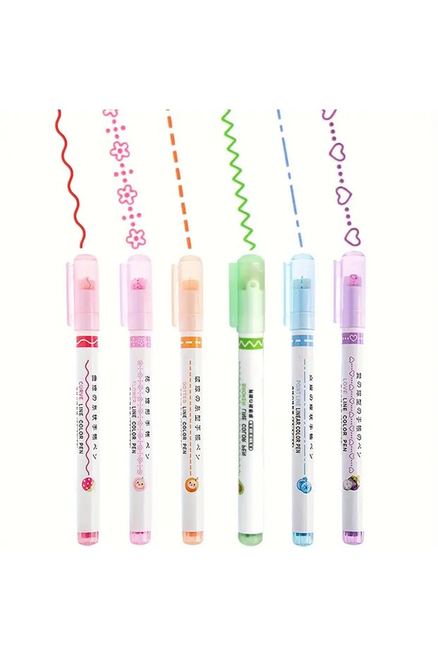 6pcs Colored Curve Pens Curve Highlighter Pen Set, Colored Pens with 6 Different Shapes, for Writing