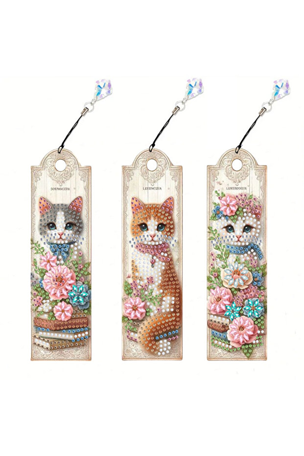 SQ053 3 DIY Cat Diamond Art Bookmarks for Beginners, Acrylic Bookmarks and Crystal Pendants as Gifts