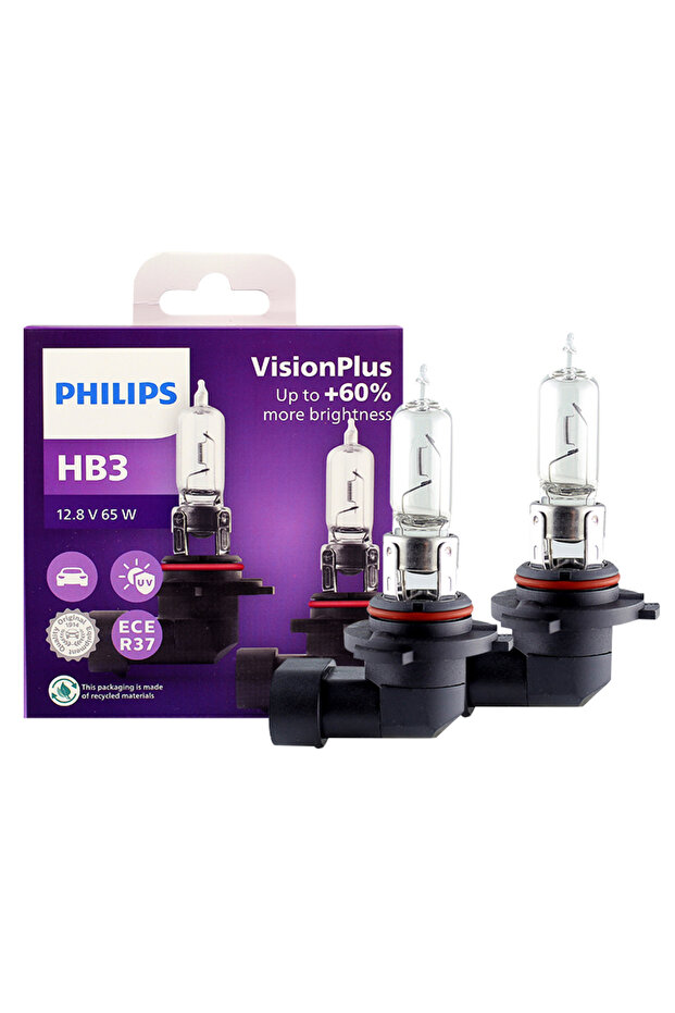 Philips HB3 2 Lamps Philips HB3 9005 12V 65W P20d VisionPlus 3250K Bright Light Up to 60% Vision Hal