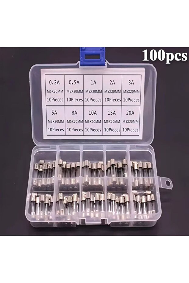 100pcs in box 100pcs/box 5x20mm Quick Blow Glass Tube Fuse Assorted Kit Amp 0.2A 0.5A 1A 2A 3A 5A 8A