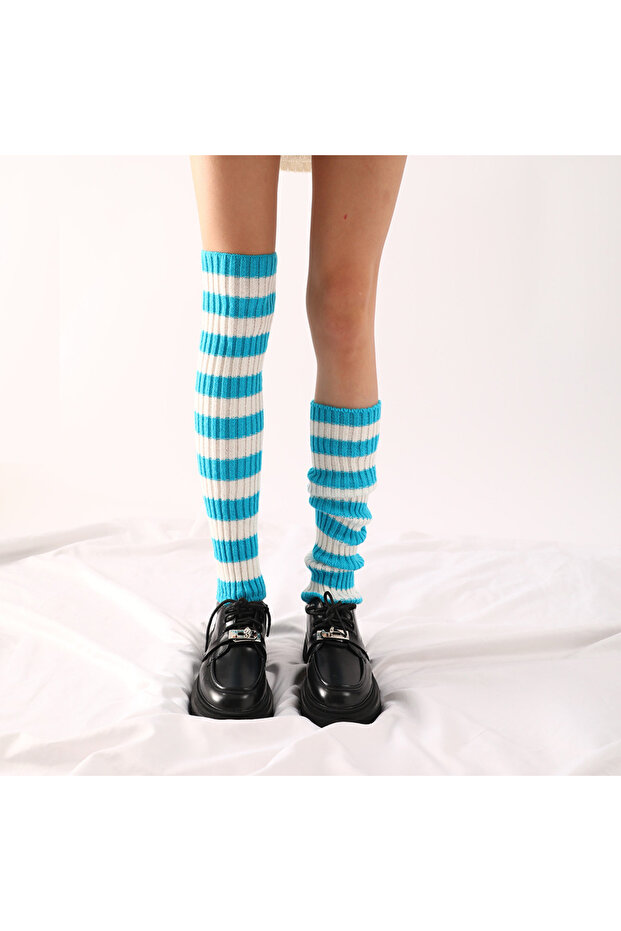 ONE SIZE 50CM BLUE WHITE 50CM striped knitted sock covers for Women Knit Leg Warmers Crochet Ribbed
