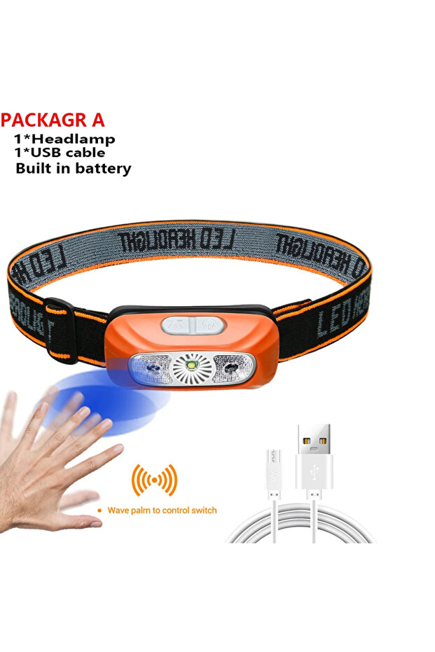 مصباح رأس قوي الإضاءة، محمول، مزود بمستشعر LED، قابل لإعادة الشحن عبر منفذ USB، لون برتقالي، قطعة واحدة