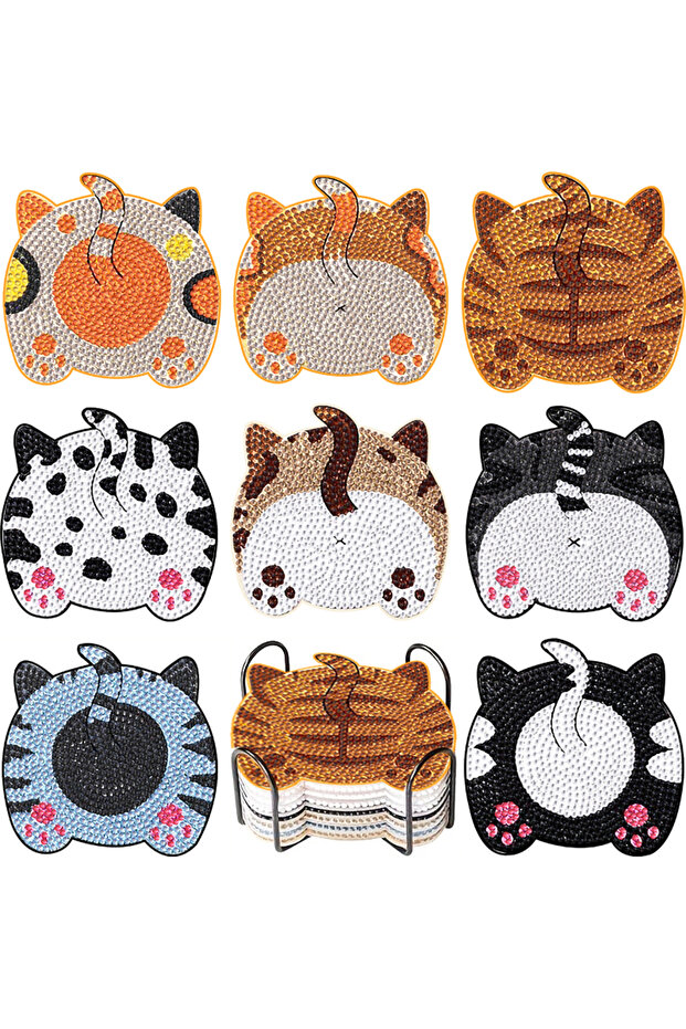 10x10 WHITE 8-piece DIY Diamond Painting Wooden Cup Mat Set, Cute Animal Pattern Mosaic Tea Cup Mat