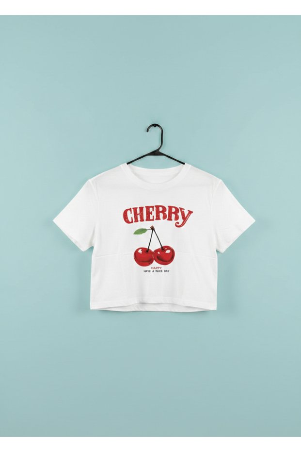 Girl's Soft Textured Cherry Printed Crop T-Shirt