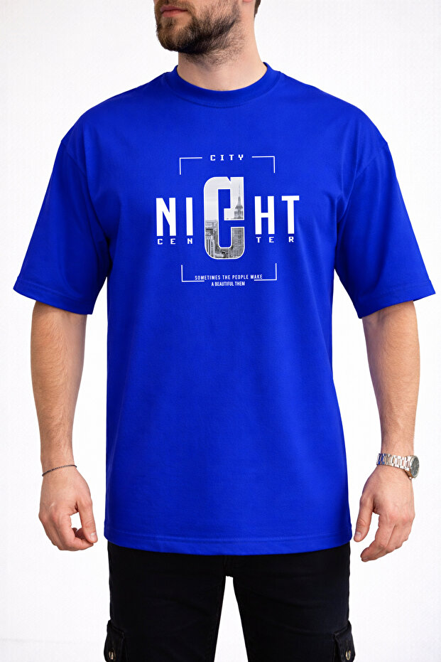 Men's Night Center Text Printed Crew Neck Cobalt Blue T-Shirt