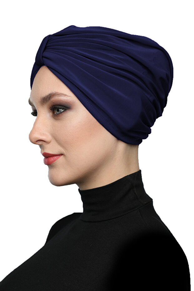 Butterfly Lined Navy Blue Ready-To-Wear Turban Hijab Pool Cap Suitable for Medical Use