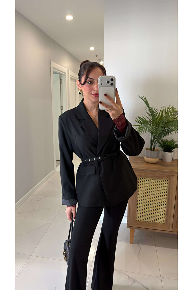 سترة فارا السوداء ذات الحزام - 1