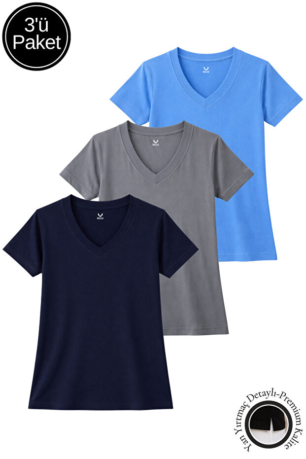 Women's Navy Blue-Anthracite-Blue 3-Pack Slit Viscose V-Neck T-Shirt