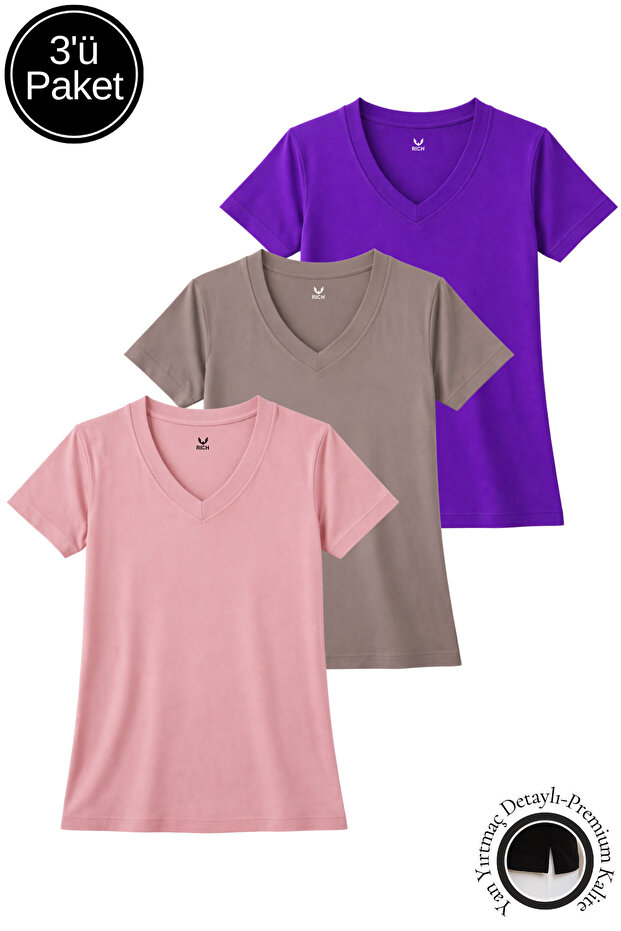 Women's Purple-Dry Rose-Light Pink 3-Pack Slit Viscose V-Neck T-Shirt