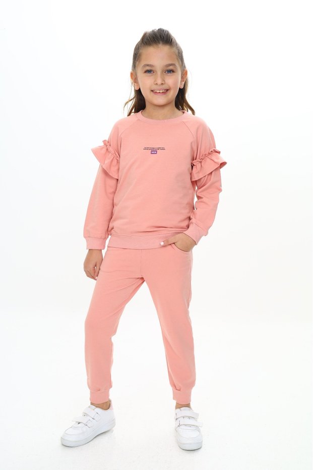 Girl's 2-Piece Set Printed Crew Neck Raglan Sleeve Ruffle Sweatshirt & Waistband Bottoms
