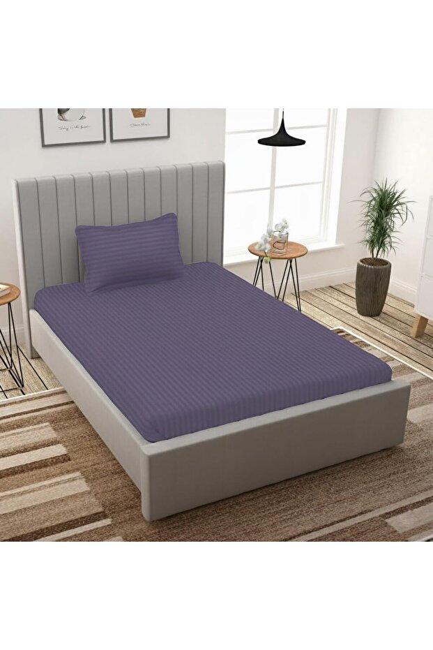 Single Bed Sheet Set 160×240cm with 1 Pillowcase 50×75cm 100% Microfiber Sateen Stripe Flat Sheet