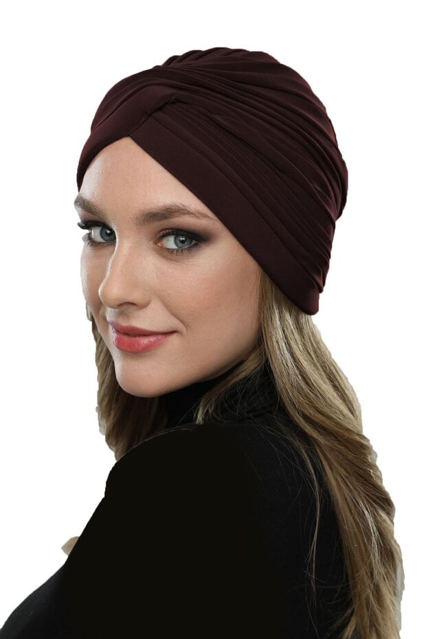 Cross W Ribbed Bandage Brown Instant Turban Hijab Pool Cap Suitable for Medical Use