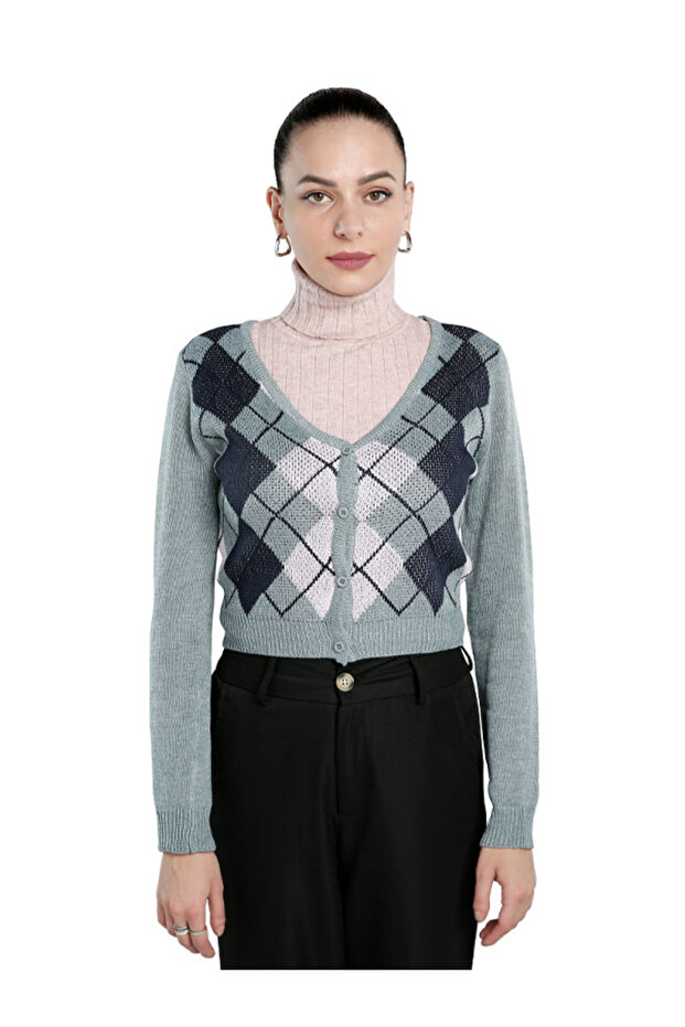 Women Grey Full Sleeve Argyle Checks Cardigan