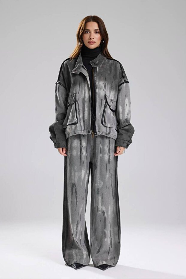 Women's Gabardine Fabric Leather Print Detailed Design Top and Bottom Set
