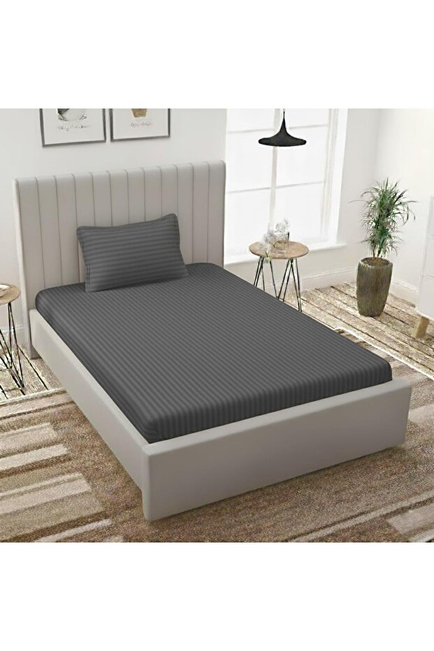 Single Bed Sheet Set 160×240cm with 1 Pillowcase 50×75cm 100% Microfiber Sateen Stripe Flat Sheet