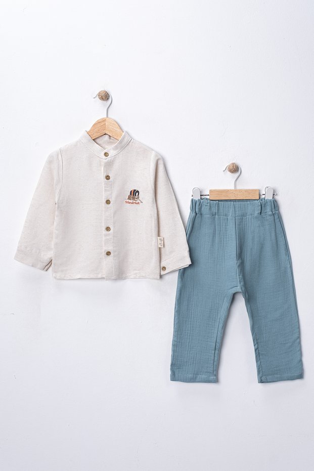 6-24 Months Linen Shirt Thick Muslin Washable Pants Wonderlust Embroidery Detail 2-Piece Baby Boy Set