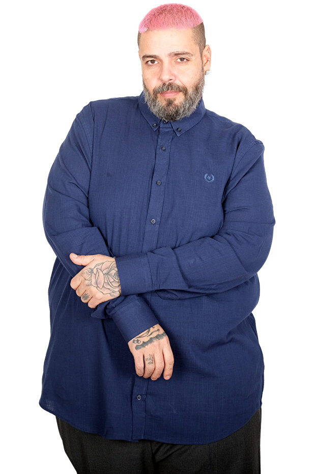 Mode XL Large Size Men's Long Sleeve Linen Shirt 20396 Indigo