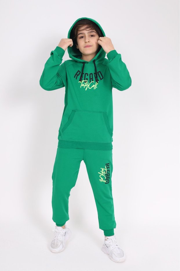 Boy's 2-Piece Set: Printed Hooded Sweatshirt with Pockets & Elastic Waistband Jogger with Pockets