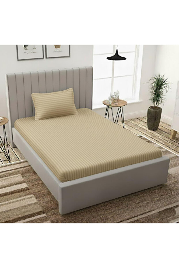 Single Bed Sheet Set 160×240cm with 1 Pillowcase 50×75cm 100% Microfiber Sateen Stripe Flat Sheet