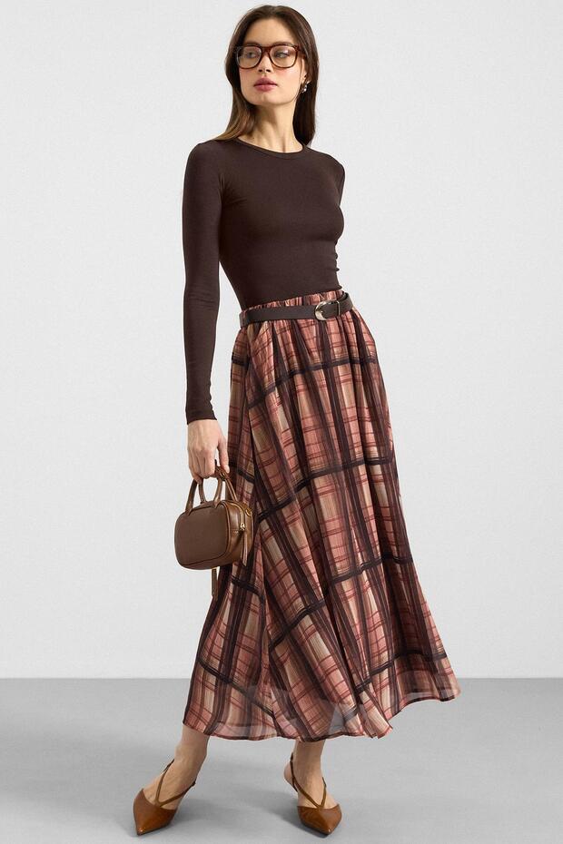 Elastic Waist Chiffon Skirt with Belt Accessories Brown 7070