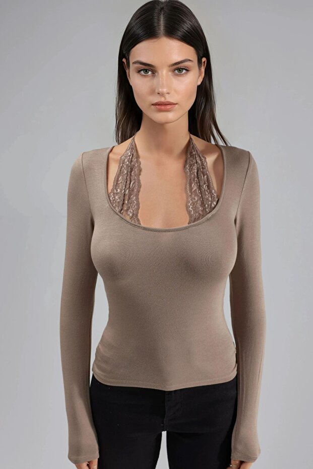 Dantel Halter Yakalı Esnek Viskon Top - 8