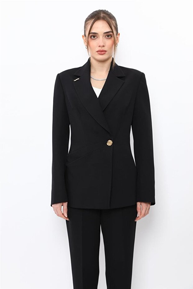 Pleated Double-Breasted Single Button Women's Jacket - Black - 1191100