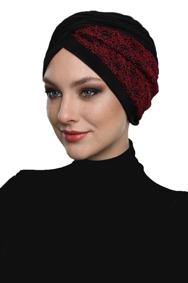 Cross Boucle Black-Burgundy Ready-To-Wear Turban Hijab Pool Cap Suitable for Medical Use