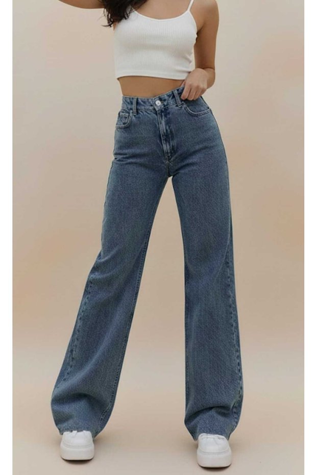 Elegant Women's Medium Snow Wash Blue Lycra Extra High Waist Palazzo Loose Jean Trousers