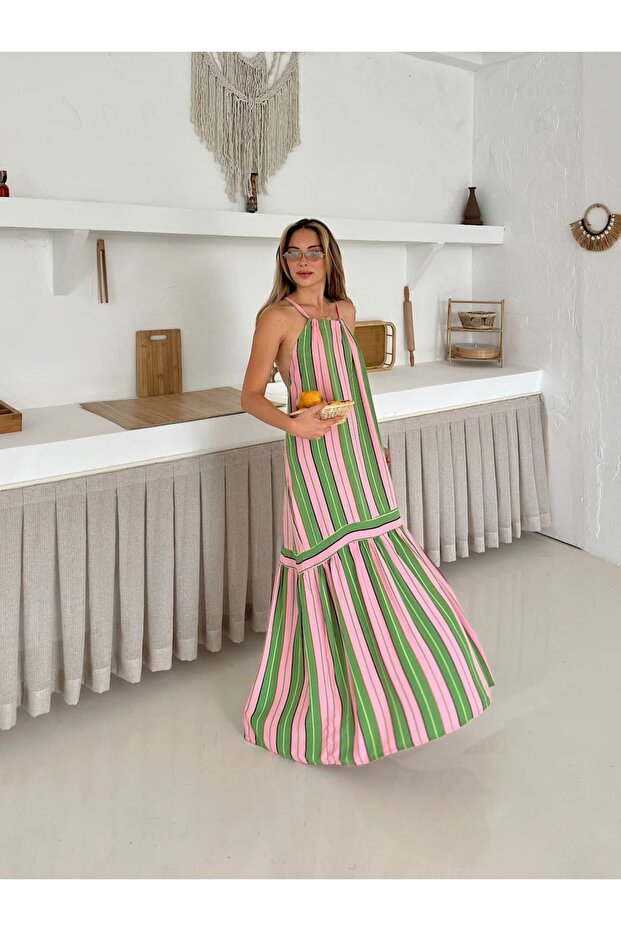 Rochie lungă din bumbac cu guler halter și dungi - 3