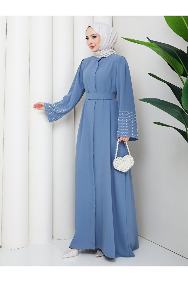 Stone-Embellished Sleeve Abaya Modest Wear Women's Ferace Dress
