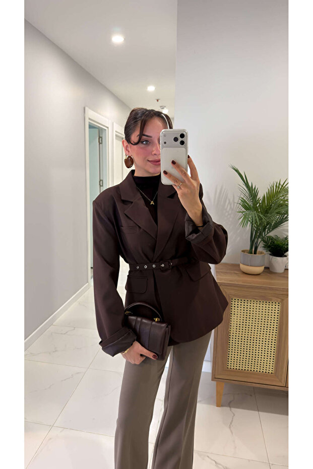 Farrah Brown Belted Blazer Jacket - 1