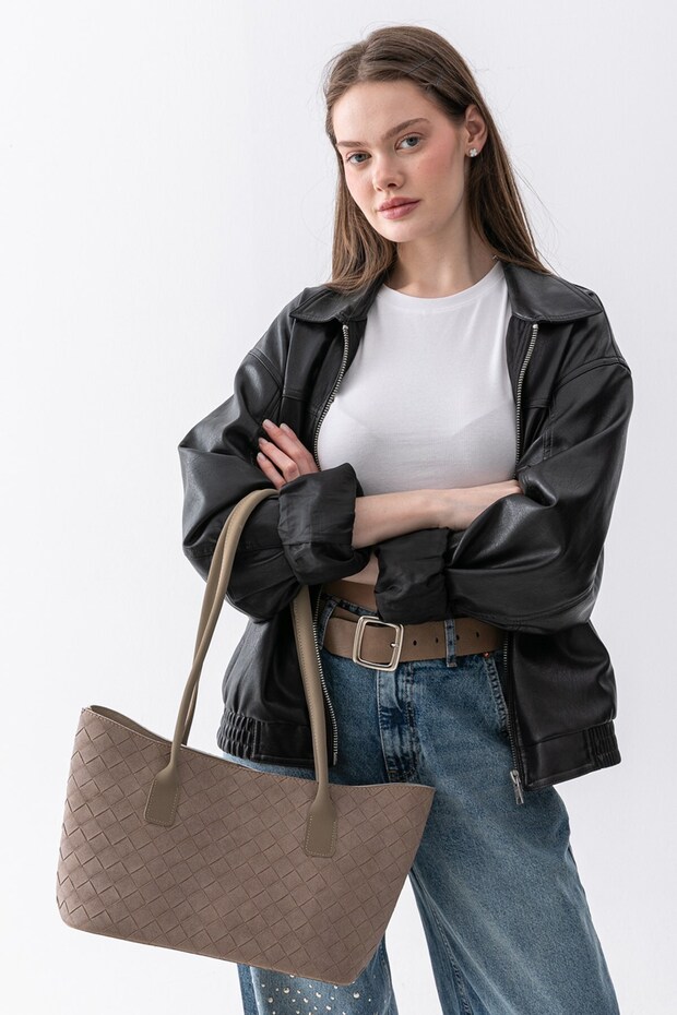 Terra Touch Knitted Patterned Soft Suede Textured Makeup Bag Mink Women's Shopper Shoulder Bag