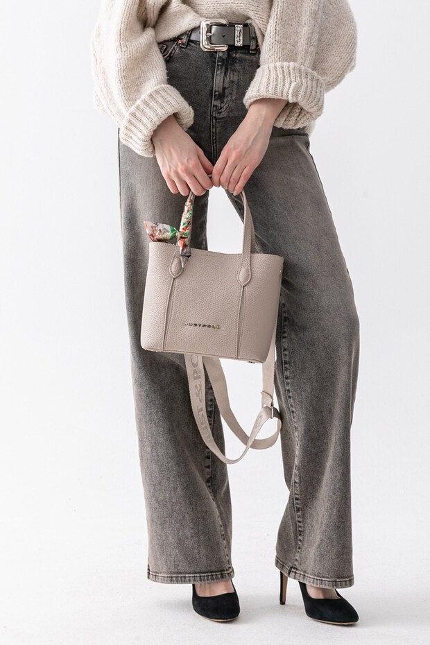 Vera Scarf Detailed Large Volume Women's Stone Shoulder and Crossbody Bag with Adjustable Strap