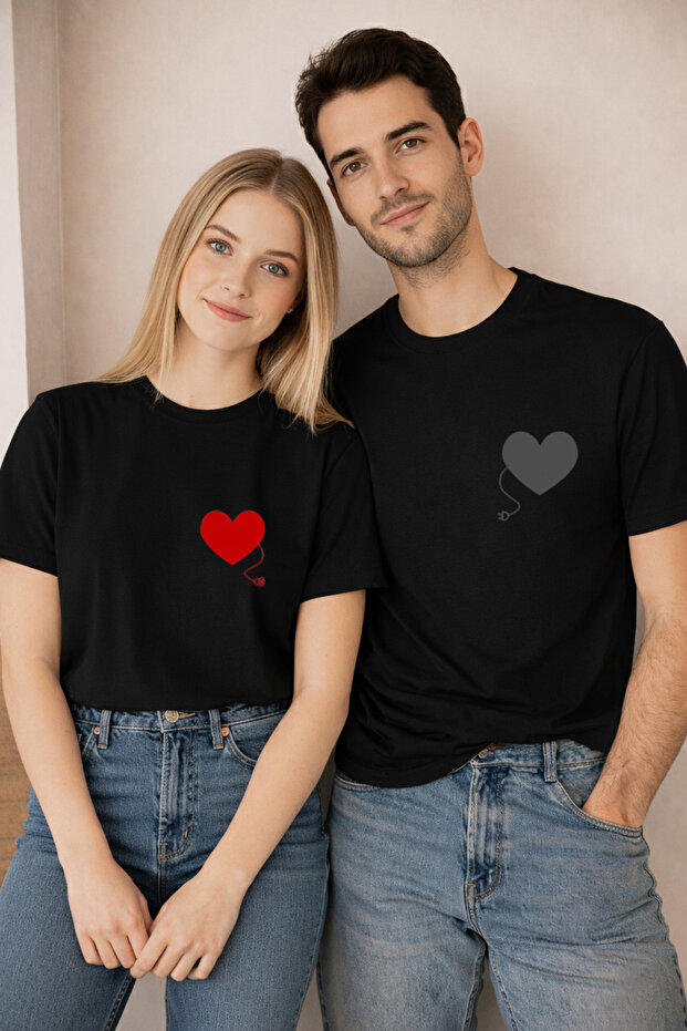 14 February Double Combination T-Shirt Valentine's Day Valentine's Day Price for 2 Unisex Heart Cable Printed
