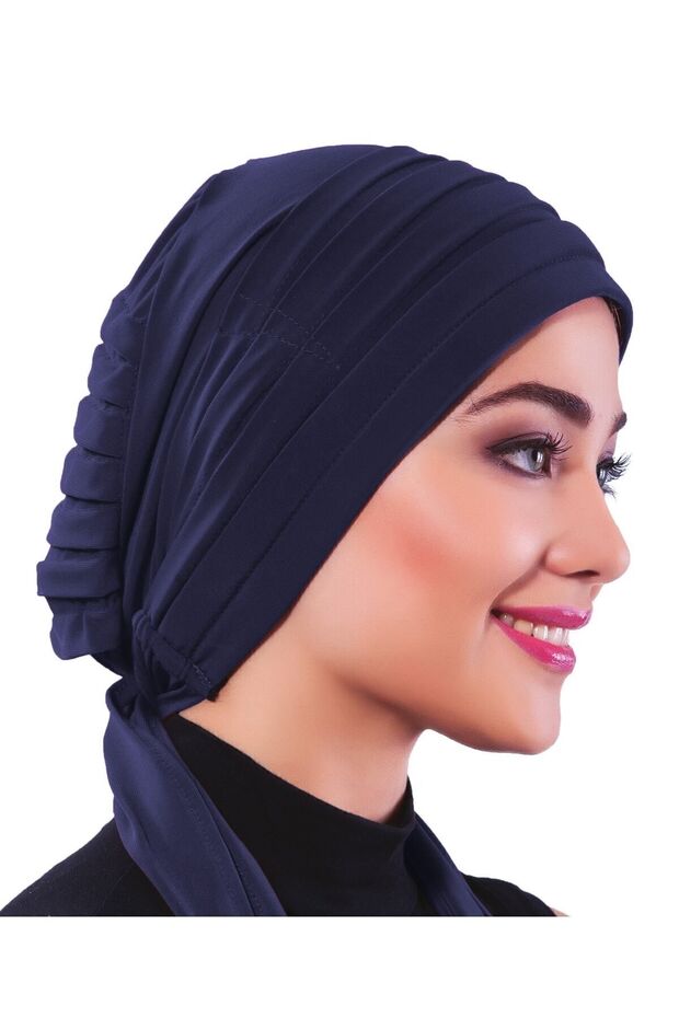 Pleated Tie Navy Blue Ready-To-Wear Turban Hijab Bonnet Suitable for Medical Use