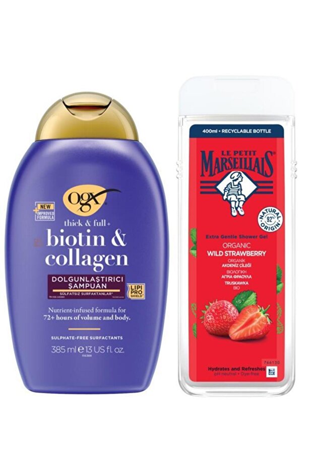 OGX Biotin & Collagen Dolgunlaştırıcı Sülfatsız Şampuan 385 ml + Organik Akdeniz Çileği Duş Jeli 400 ml