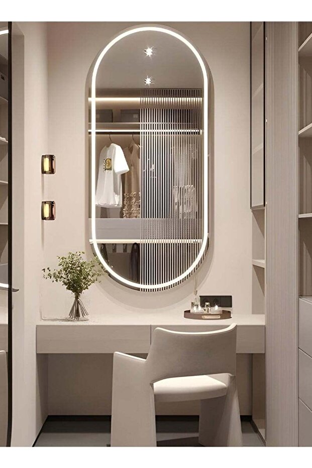 مرآة مكياج بيضاوية مقاس 90×70 سم مع إضاءة LED أمامية وخلفية، مرآة مكياج مناسبة لغرفة الملابس