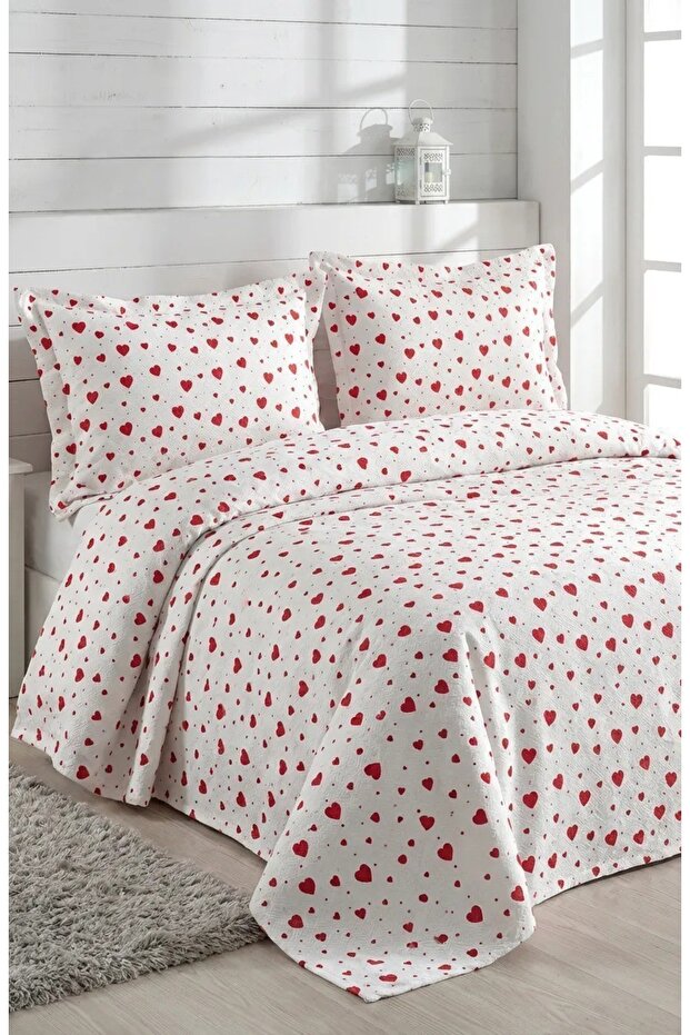 Heart Patterned Double Pique Set / Bedspread - 3 Pieces